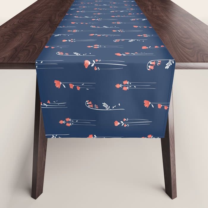 Retro Dark Flower Pattern in Modern Navy and Coral Table Runner