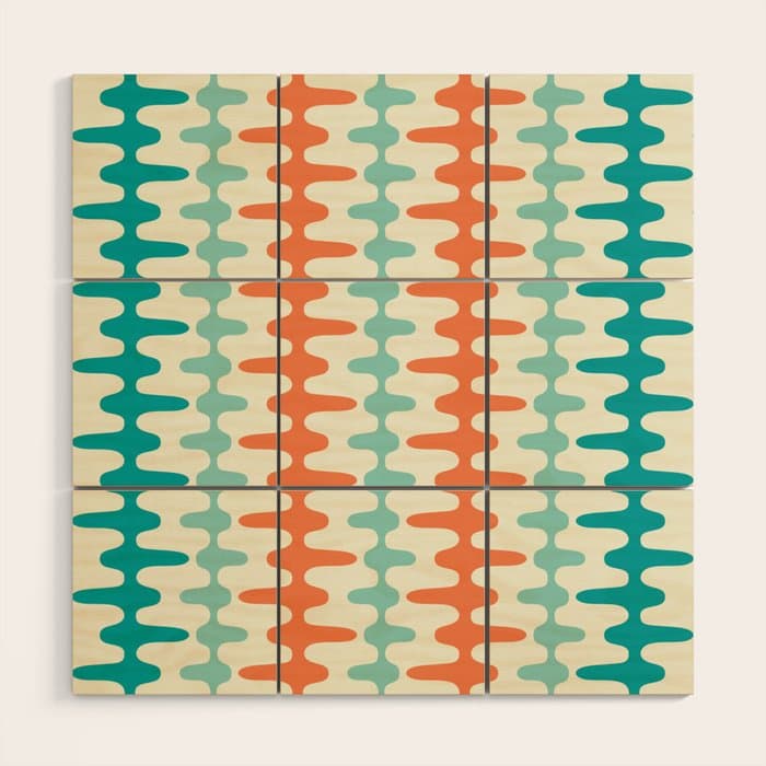 Retro Mid Century Modern Trellis Print Orange and Teal Wood Wall Art
