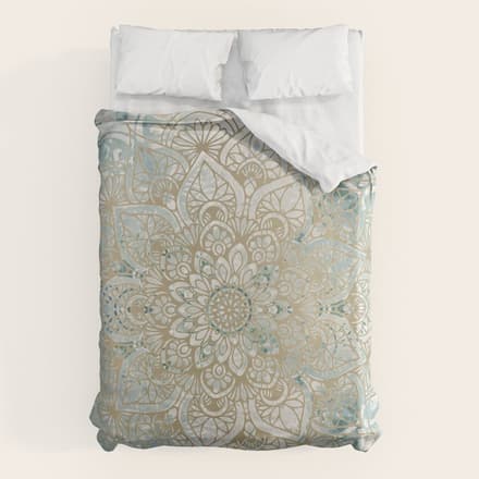 Yoga, Mandala, Teal And Gold, Wall Art Boho Duvet Cover
