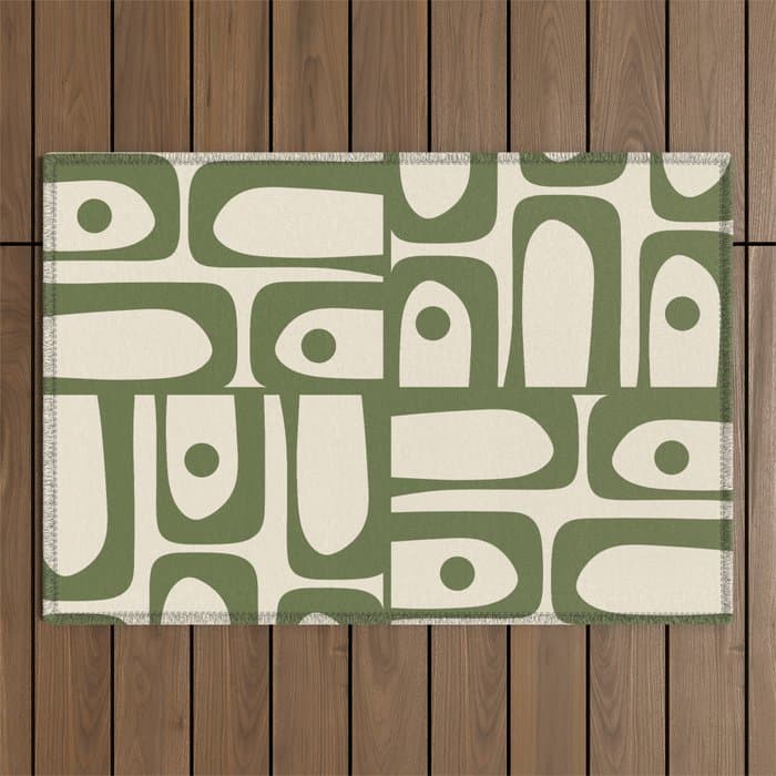 Mid Century Modern Abstract Piquet Pattern in Olive Green and Cream Outdoor Rug