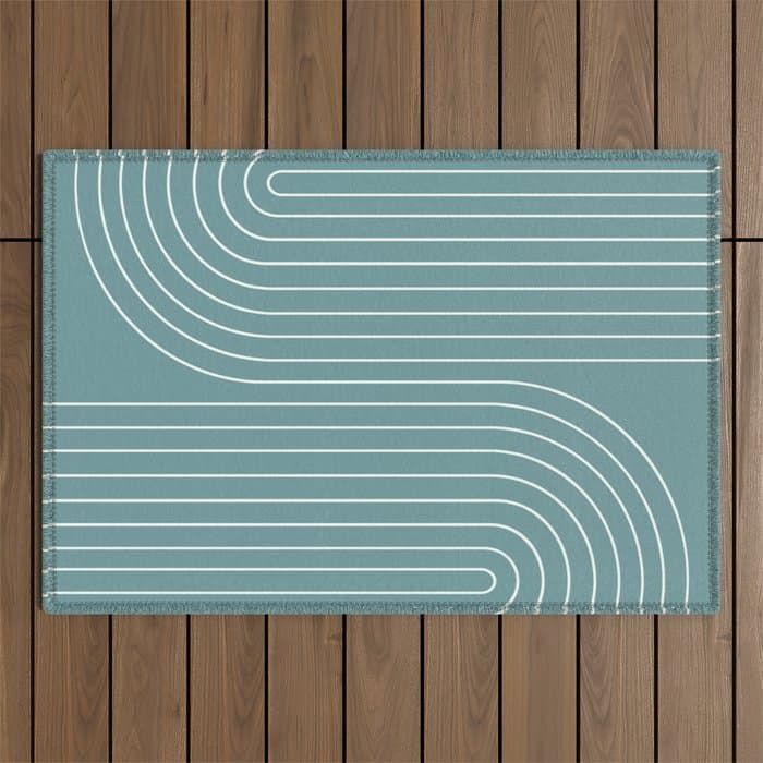 Minimal Line Curvature LXXXVI Beachy Teal Mid Century Modern Arch Abstract Outdoor Rug