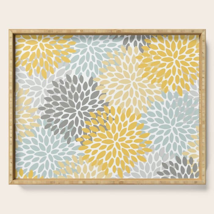 Floral Pattern, Yellow, Pale, Aqua and Gray Serving Tray