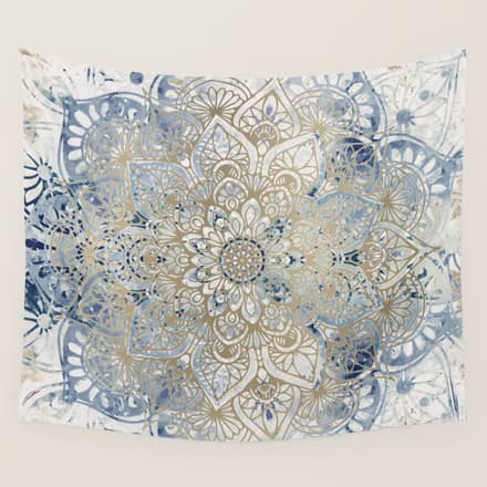 Yoga, Mandala, Blue And Gold Wall Tapestry