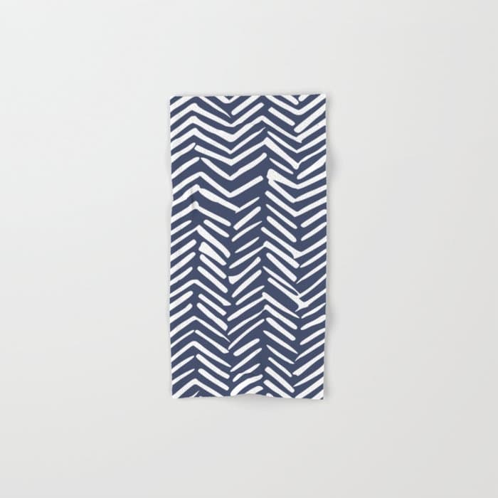 Boho Herringbone Pattern, Navy Blue and White Bath Towel