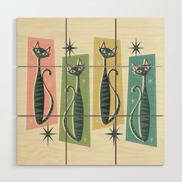 Retro Patchwork Tabbies ©studioxtine Wood Wall Art
