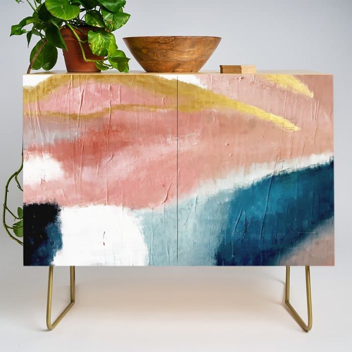 Exhale: a pretty, minimal, acrylic piece in pinks, blues, and gold Credenza