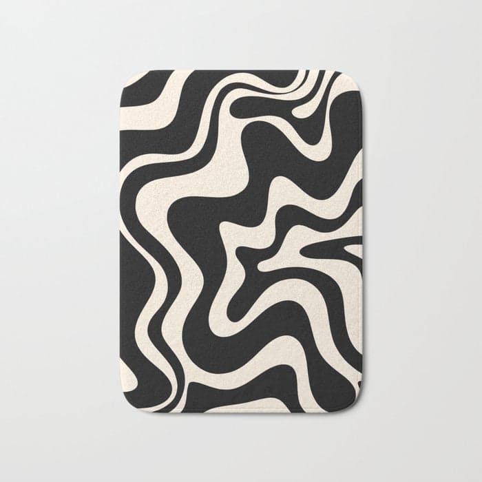 Retro Liquid Swirl Abstract in Black and Almond Cream Bath Mat