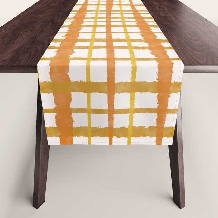 Hygge Retro Stripe Painted Plaid Pattern Orange Mustard Cream Table Runner