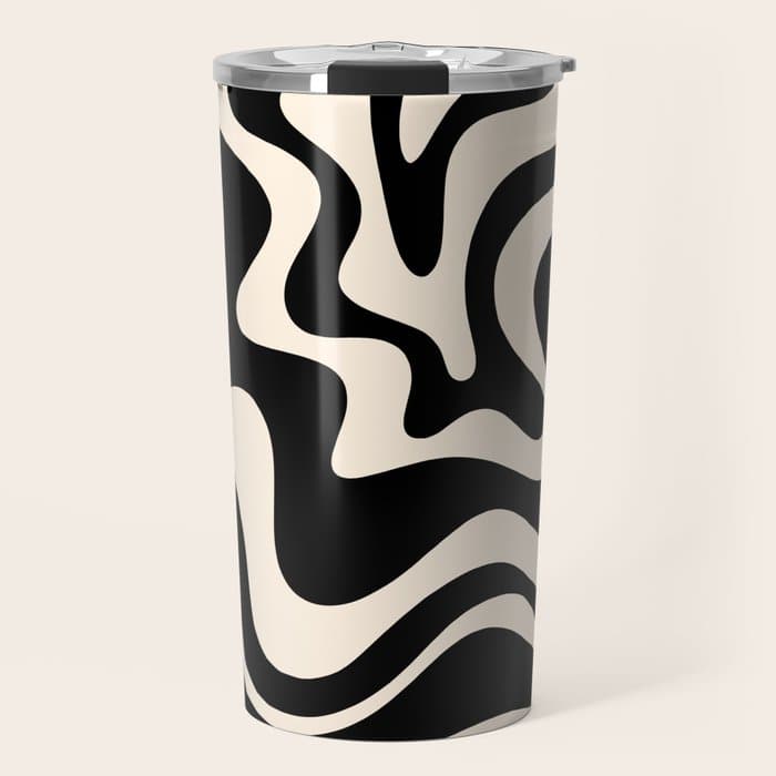 Retro Liquid Swirl Abstract Pattern 3 in Black and Almond Cream Travel Mug