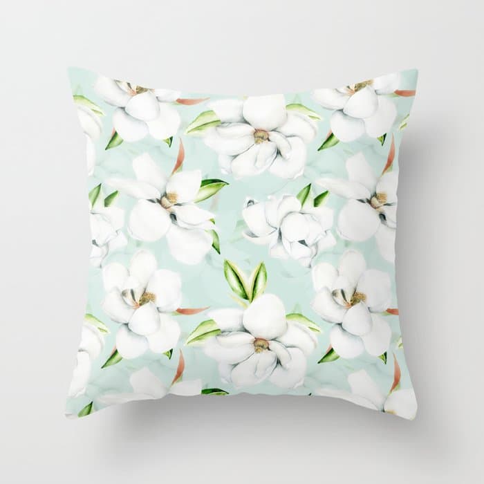 Hygge Magnolia Watercolor Pastel Flowers Throw Pillow