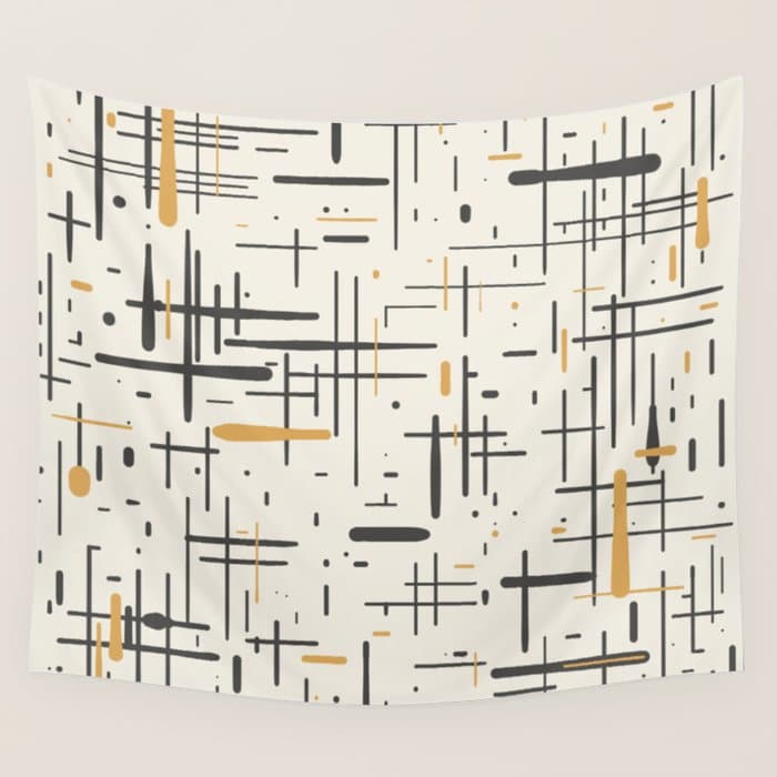Mid-Century Modern Kinetikos Pattern in Charcoal Gray, Muted Mustard Gold, and Cream Wall Tapestry