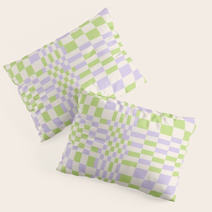 Happy Colorful Checkered Pattern Green and Lilac Pillow Sham
