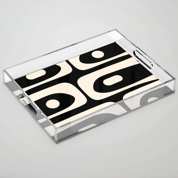 Mid Century Modern Piquet Abstract Pattern in Black and Almond Cream Acrylic Tray