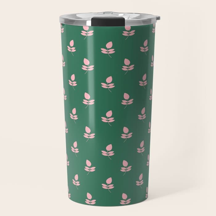 Retro Pink Leaf Pattern - Green Background Travel Mug