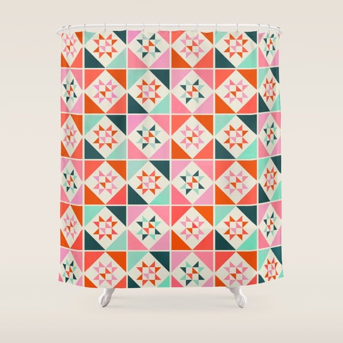 Festive Quilt Pattern in Pink, Red And Green Shower Curtain