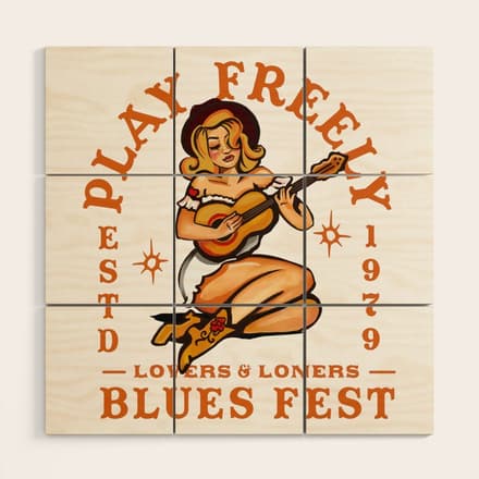 Play Freely Lovers & Loners Blues Fest Guitar Girl Wood Wall Art