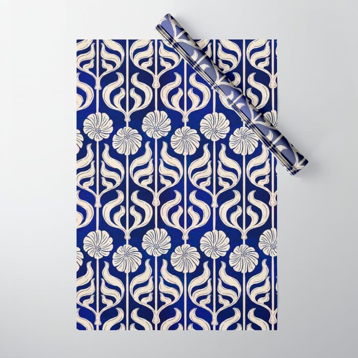 Art Deco Florals On Dark Blue Wrapping Paper