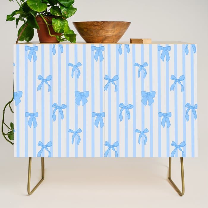 Elegant Blue Bows and Stripes Pattern Credenza