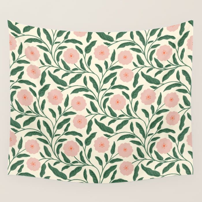 Bold Pink Botanical Blooms on Light Pattern Wall Tapestry