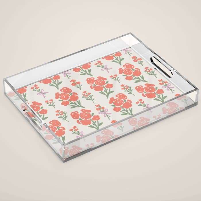 Preppy Grandmillennial Cute Red Flowers Acrylic Tray