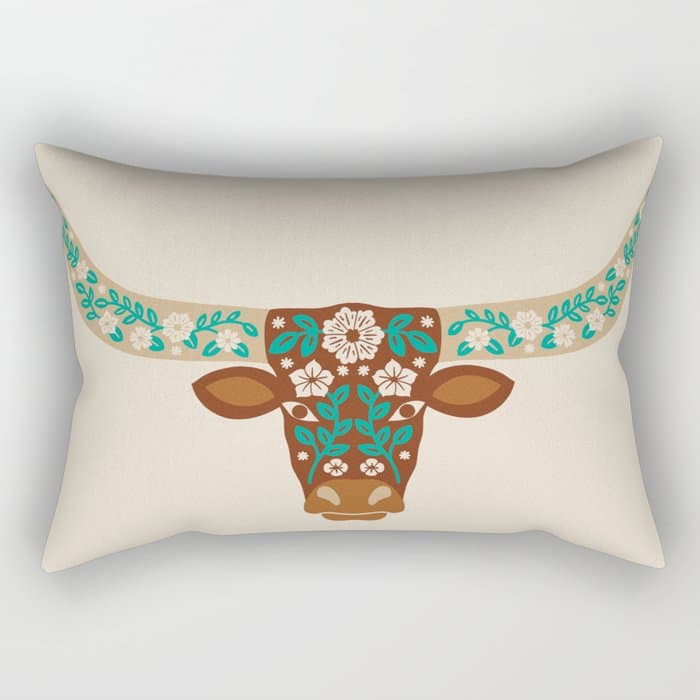 Floral Longhorn - Brown and Turquoise Rectangular Pillow