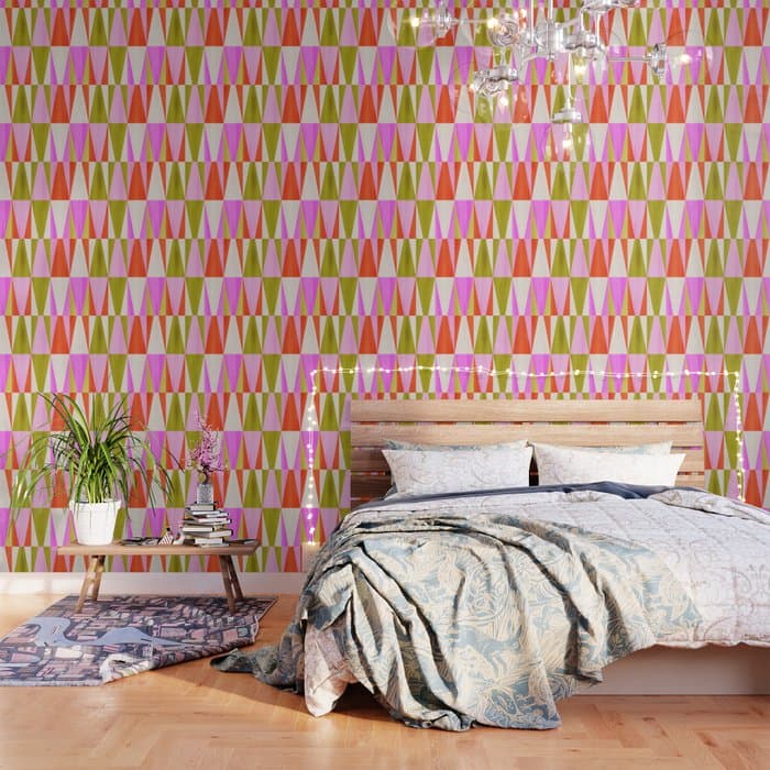 Mid Mod Diamond Pattern 1. textured Pink Green Wallpaper