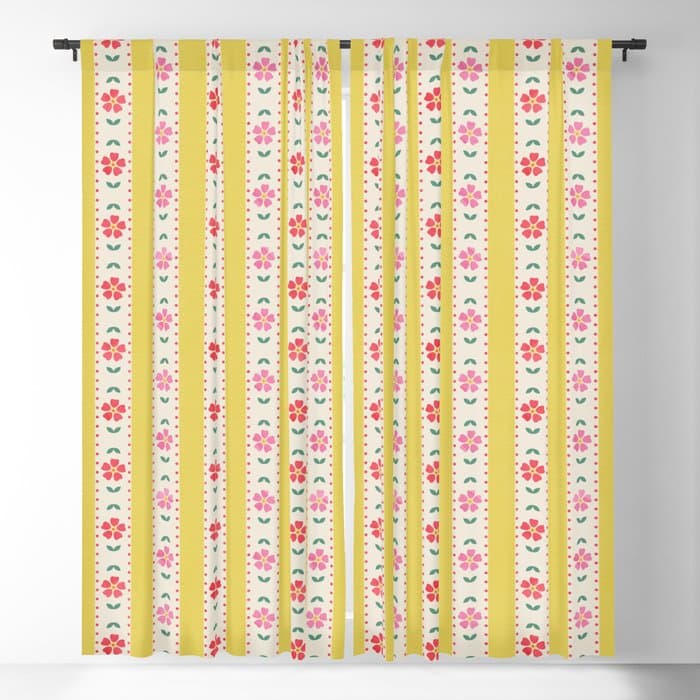 Granny Style Vintage Florals On Yellow Stripes Window Curtain