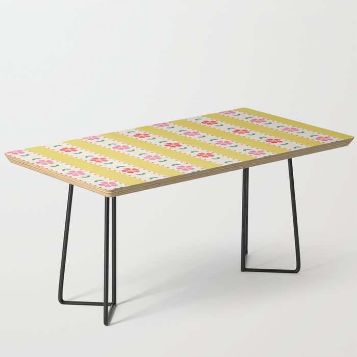 Granny Style Vintage Florals On Yellow Stripes Coffee Table