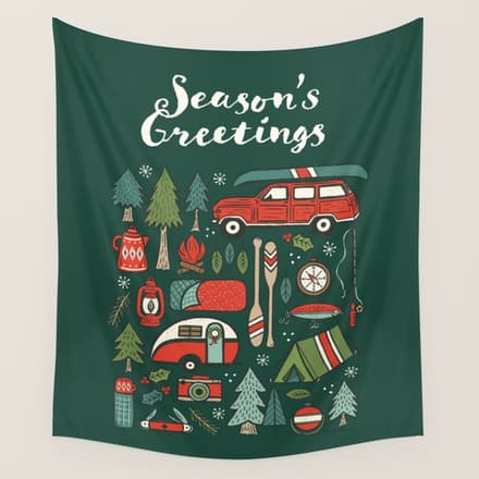 Seasons Greetings - Camping Christmas Wall Tapestry