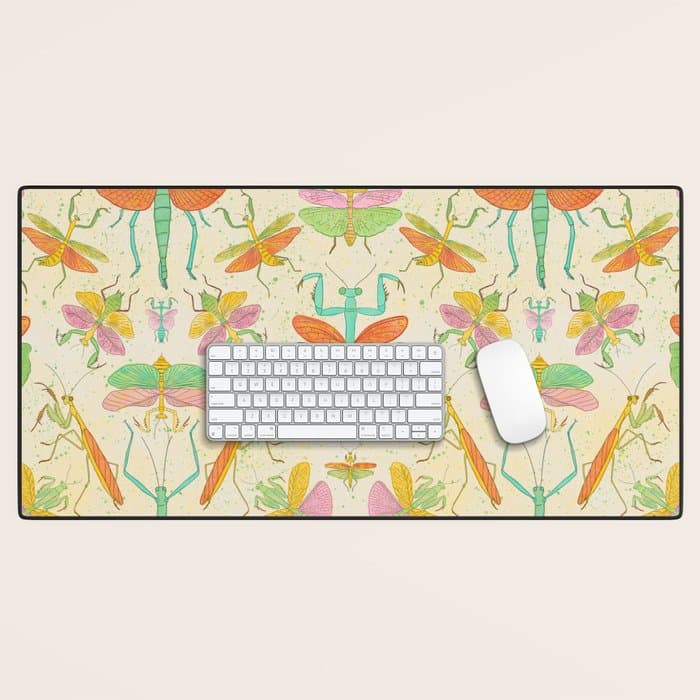 Whimsical Praying Mantis Retro Colors Desk Mat