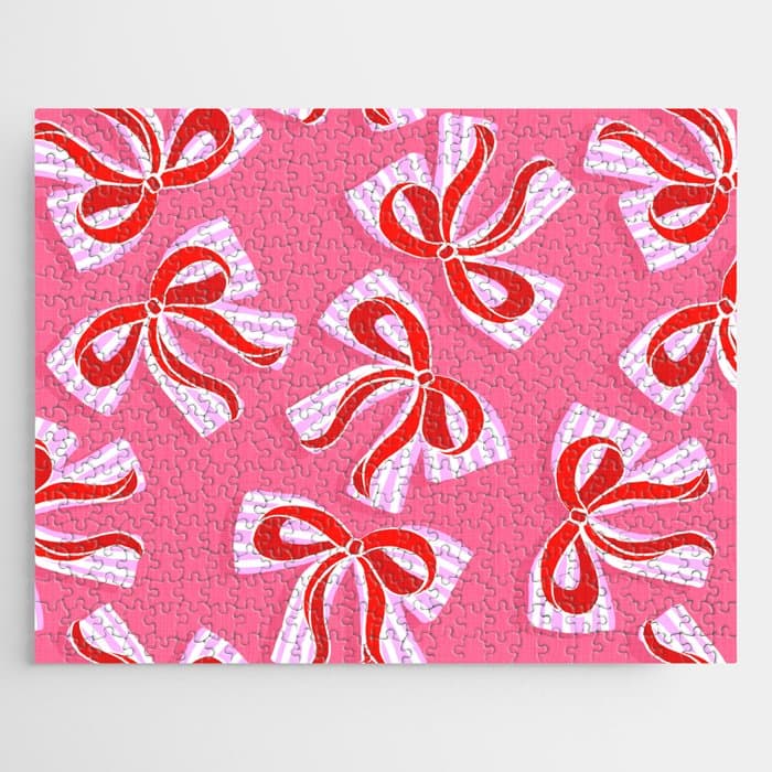 Ditsy Kitsch Ribbons and bows 2. Watermelon Pink and Red Jigsaw Puzzle