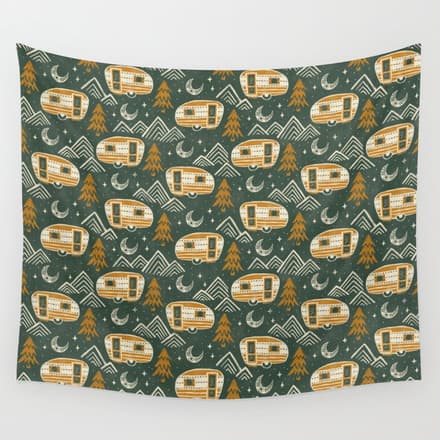 Little Camper - Forest Green And Gold Wall Tapestry