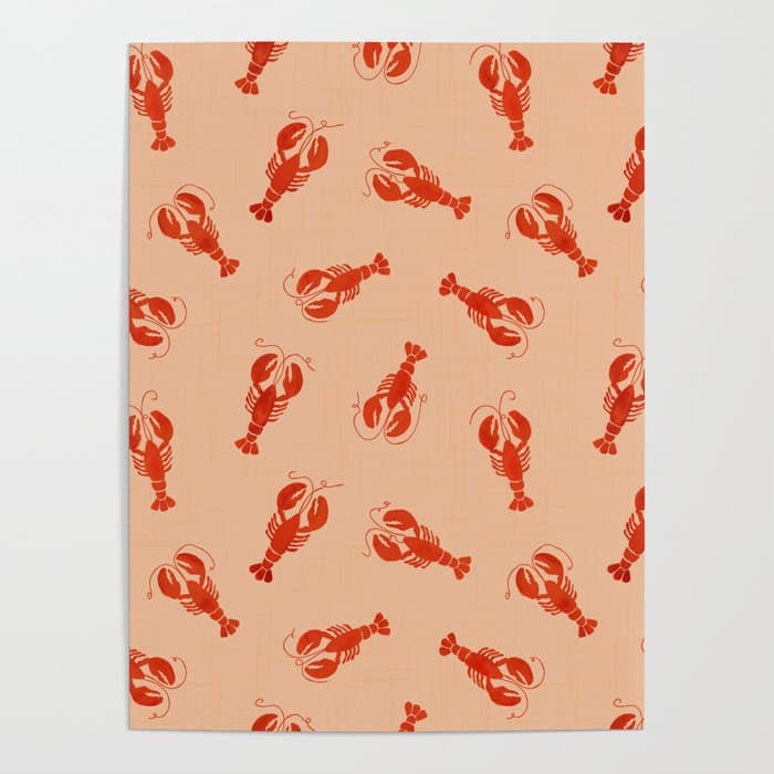Classic Red Lobsters Pattern On Peach Poster