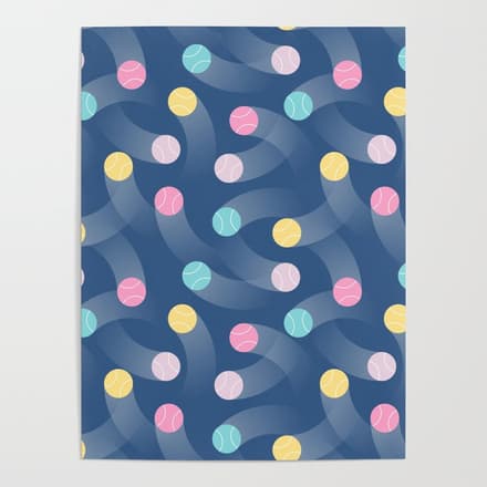 Colorful Pastel Tennis Balls Over Blue Background Pattern Poster