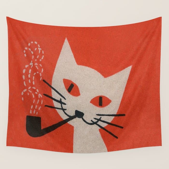 Retro White Cat Smoking a Pipe Wall Tapestry
