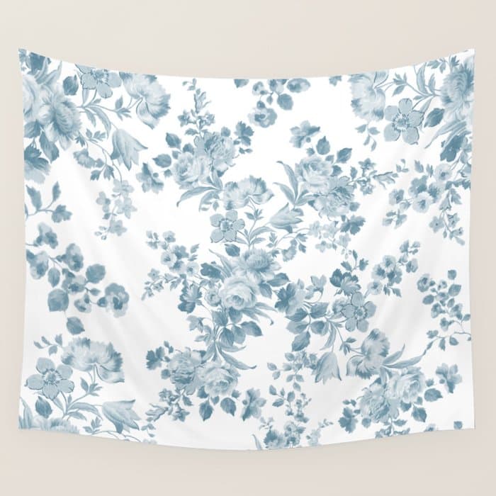 Vintage blue white bohemian elegant floral Wall Tapestry