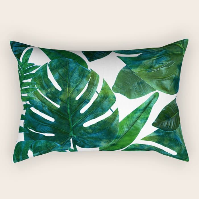 Tropical Nature Monstera Watercolor Painting, Botanical Jungle Dark Palm Illustration Rectangular Pillow
