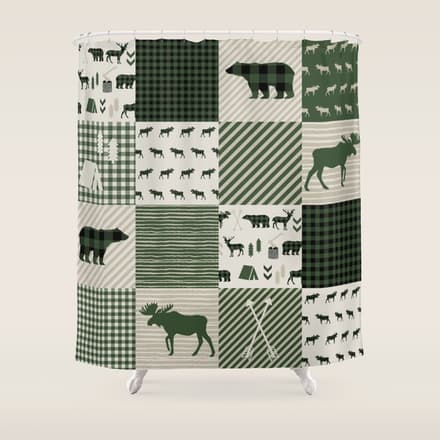 Camping Hunter Green Plaid Quilt Cheater Quilt Baby Nursery Cute Pattern Bear Moose Cabin Life Shower Curtain