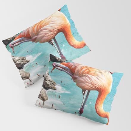 Flamingos On The Beach, Wildlife Surrealism Birds, Nature Flamingo Fantasy Beach Summer Photography Pillow Sham