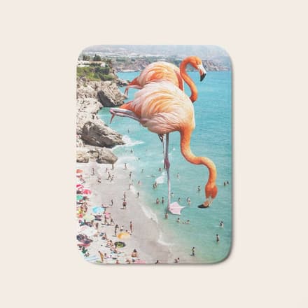 Flamingos On The Beach, Wildlife Surrealism Birds, Nature Flamingo Fantasy Beach Summer Photography Bath Mat