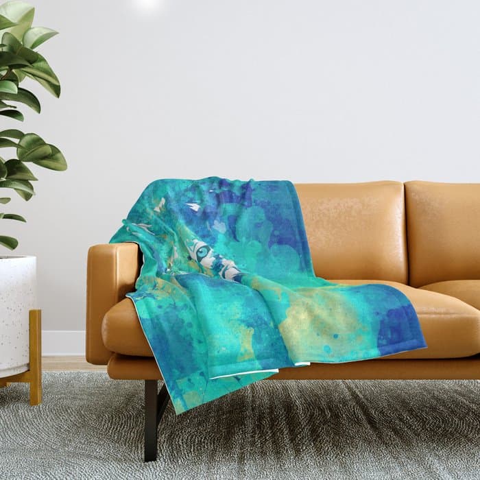 Teal yellow hand painted watercolor wolf Throw Blanket