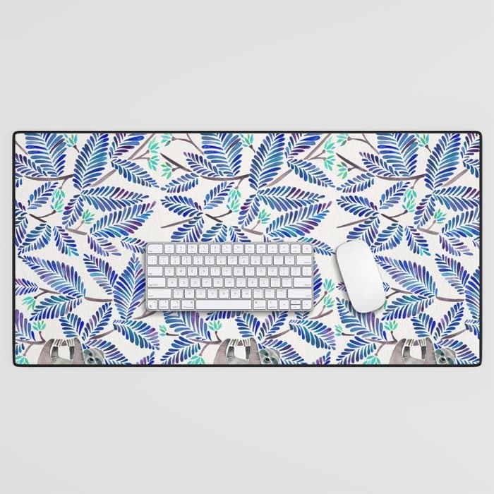 Happy Sloth - Tropical Blue Leaves Desk Mat