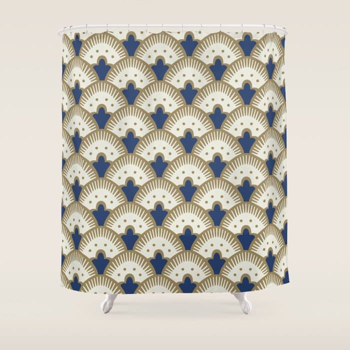 Art Deco Fan Pattern Blue and Gold Shower Curtain