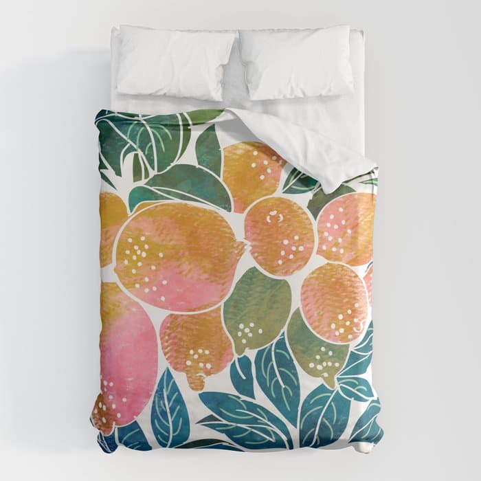 Lemons | Watercolor Modern Boho Botanical Painting | Pastel Summer Jungle Garden Juicy Fresh Duvet Cover