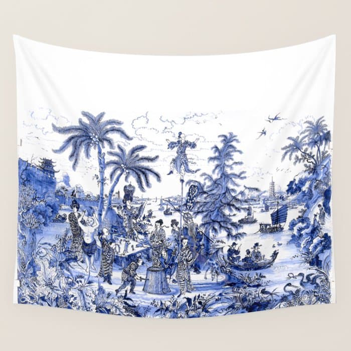 Chinoiserie Blue Landscape Wall Tapestry
