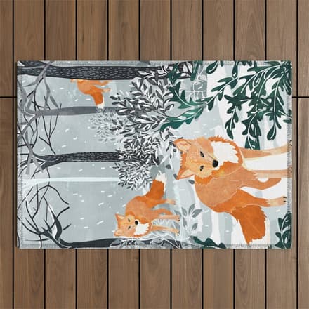 Fox Snow Walk, Animals Wildlife Winter, New Years Christmas Forest Wildlife Painting Outdoor Rug