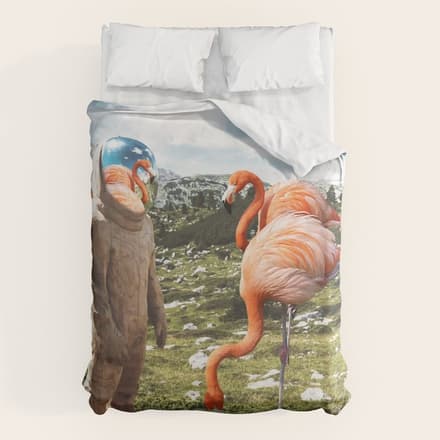 Alternate Reality, Surrealism Digital Photography, Space Flamingo Astronaut Collage Duvet Cover
