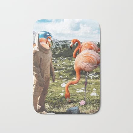 Alternate Reality, Surrealism Digital Photography, Space Flamingo Astronaut Collage Bath Mat