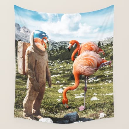 Alternate Reality, Surrealism Digital Photography, Space Flamingo Astronaut Collage Wall Tapestry