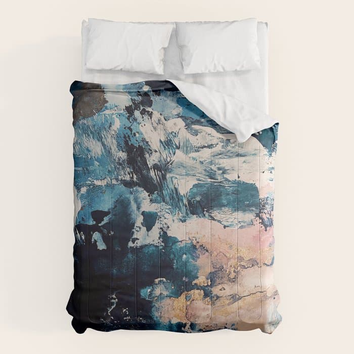 Sweetly: a bohemian, abstract work on paper in blue, pink, white, and gold Comforter